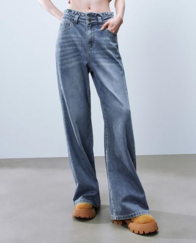  URBAN REVIVO - Quần jeans nữ ống rộng wash bạc 