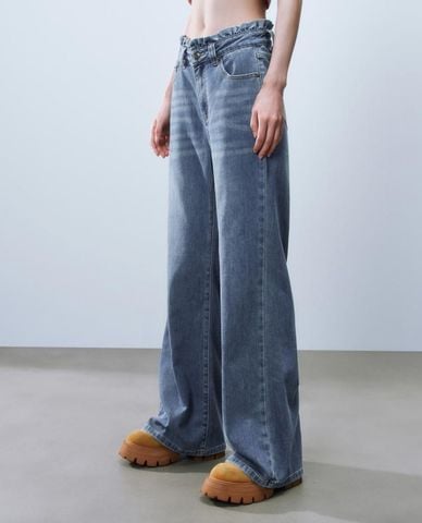  URBAN REVIVO - Quần jeans nữ ống rộng wash bạc 