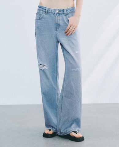  URBAN REVIVO - Quần jeans nữ ống rộng rách gối 