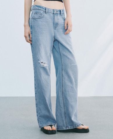  URBAN REVIVO - Quần jeans nữ ống rộng rách gối 