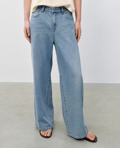  URBAN REVIVO - Quần jeans nữ ống rộng wash bạc 