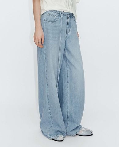  URBAN REVIVO - Quần jeans nữ ống rộng wash bạc 