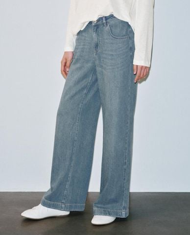  URBAN REVIVO - Quần jeans nữ ống rộng wash bạc 