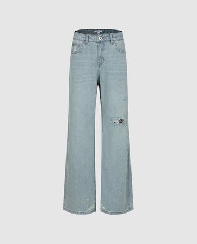  URBAN REVIVO - Quần jeans nữ ống rộng rách gối 