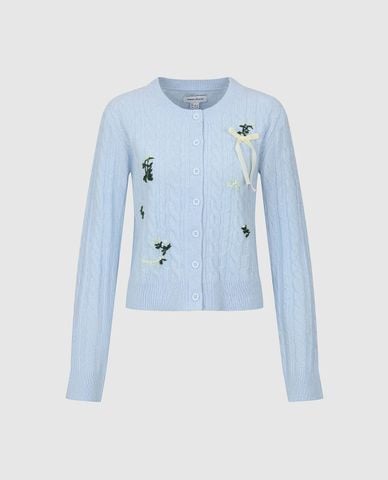  URBAN REVIVO - Áo khoác cardigan nữ tay dài thêu hoa phối nơ 