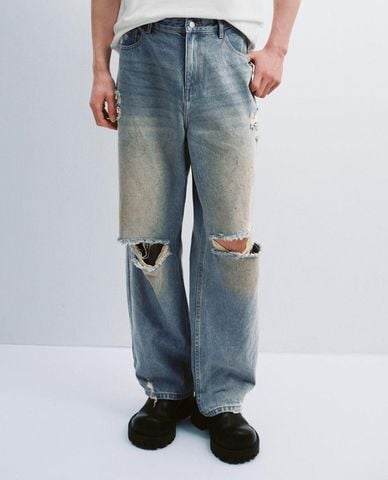  URBAN REVIVO - Quần jeans nam ống đứng rách gối 