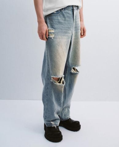  URBAN REVIVO - Quần jeans nam ống đứng rách gối 