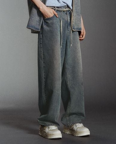  URBAN REVIVO - Quần jeans nam ống rộng phối dây rút 