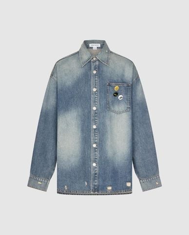  URBAN REVIVO - Áo khoác denim nam cổ bẻ tay dài wash bạc 