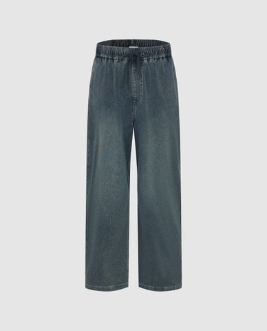  URBAN REVIVO - Quần jeans nam ống rộng lưng thun wash bạc 