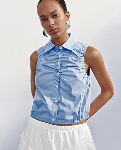  URBAN REVIVO - Áo sát nách nữ cổ bẻ nhún bèo 