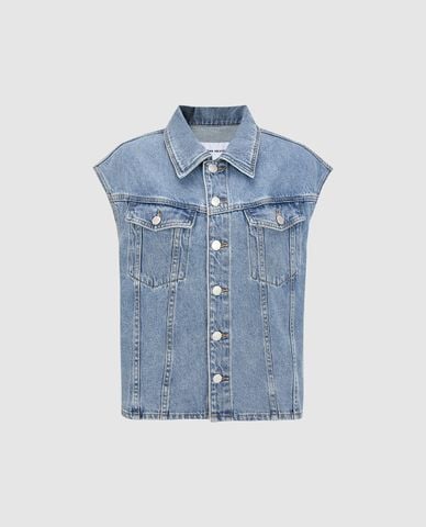  URBAN REVIVO - Áo sát nách nữ denim cổ bẻ phối túi 