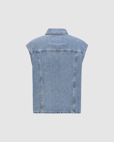  URBAN REVIVO - Áo sát nách nữ denim cổ bẻ phối túi 