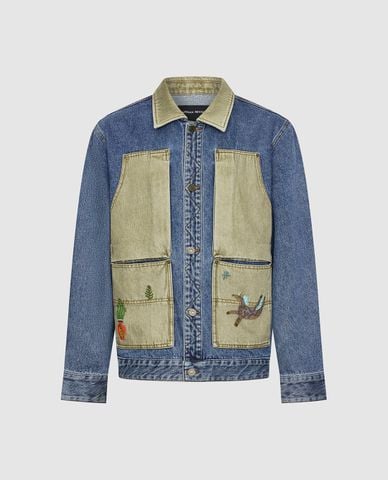  URBAN REVIVO - Áo khoác denim nam cổ bẻ tay dài thêu họa tiết 