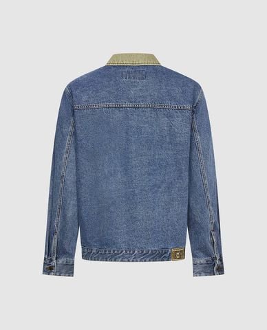  URBAN REVIVO - Áo khoác denim nam cổ bẻ tay dài thêu họa tiết 
