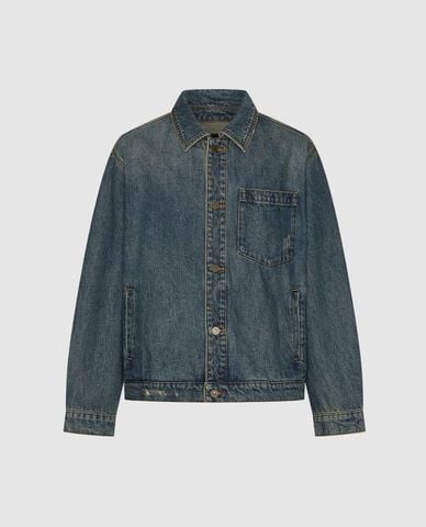  URBAN REVIVO - Áo khoác denim nam cổ bẻ tay dài phối túi 