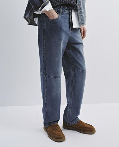  URBAN REVIVO - Quần jeans nam ống rộng wash bạc 