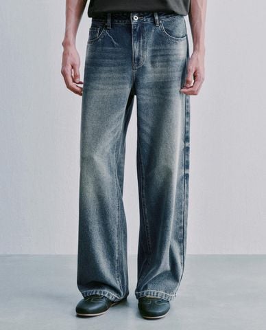  URBAN REVIVO - Quần jeans nam ống rộng wash bạc 