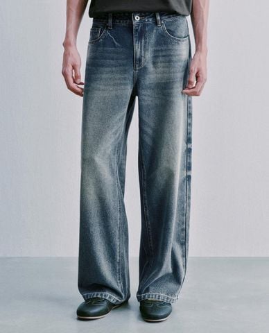  URBAN REVIVO - Quần jeans nam ống rộng wash bạc 