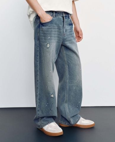  URBAN REVIVO - Quần jeans nam ống rộng wash bạc 