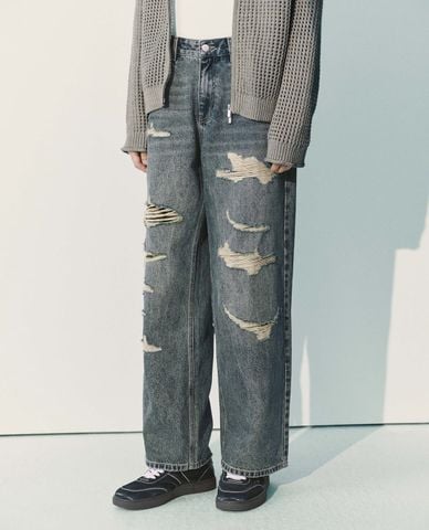  URBAN REVIVO - Quần jeans nam ống đứng wash rách 