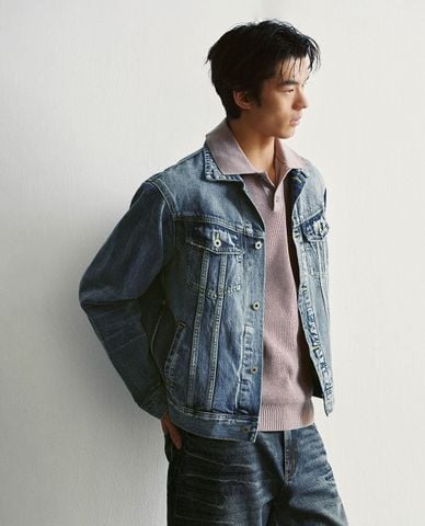  URBAN REVIVO - Áo khoác denim nam tay dài wash bạc 