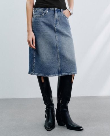  URBAN REVIVO - Chân váy denim midi đính đá 