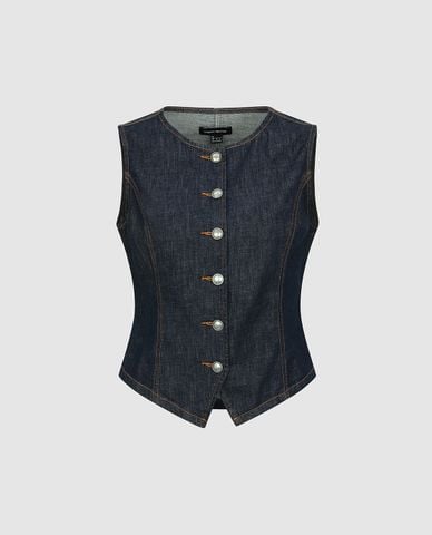  URBAN REVIVO - Áo sát nách nữ denim cổ tròn phối nút 