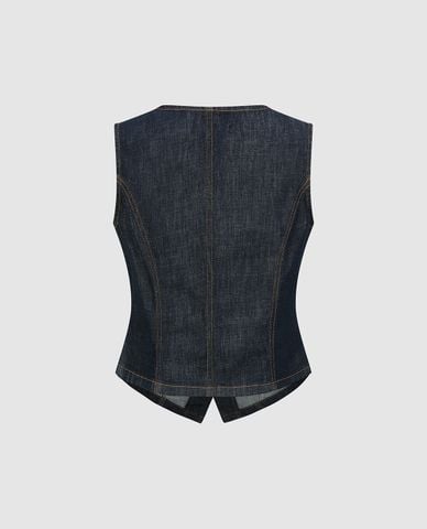  URBAN REVIVO - Áo sát nách nữ denim cổ tròn phối nút 