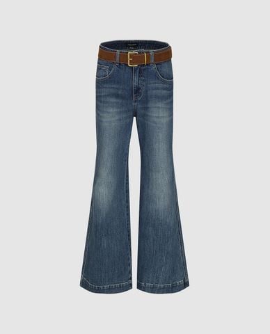 URBAN REVIVO - Quần jeans nữ ống loe wash bạc kèm thắt lưng 