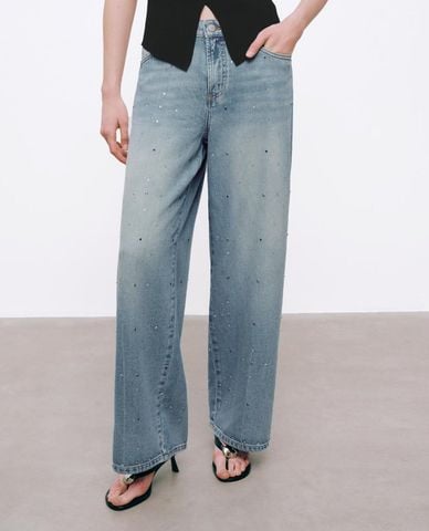  URBAN REVIVO - Quần jeans nữ ống rộng wash bạc 