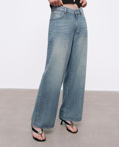  URBAN REVIVO - Quần jeans nữ ống rộng wash bạc 