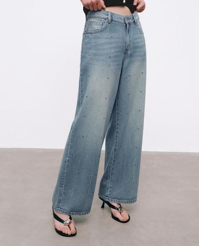  URBAN REVIVO - Quần jeans nữ ống rộng wash bạc 