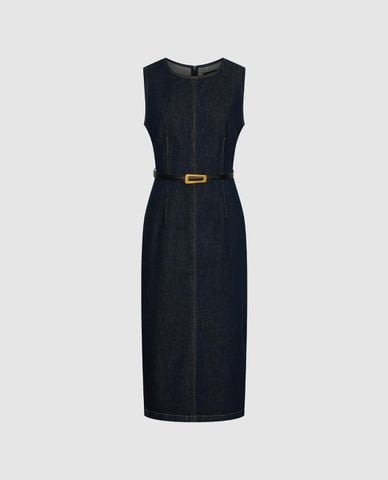  URBAN REVIVO - Đầm denim midi sát nách phối thắt lưng 