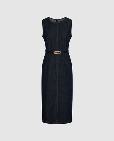 URBAN REVIVO - Đầm denim midi sát nách phối thắt lưng 