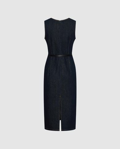  URBAN REVIVO - Đầm denim midi sát nách phối thắt lưng 