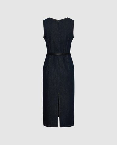  URBAN REVIVO - Đầm denim midi sát nách phối thắt lưng 