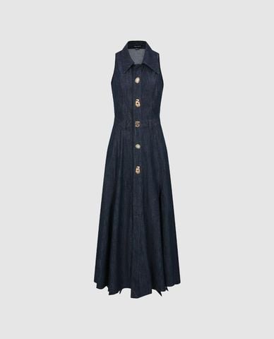  URBAN REVIVO - Đầm denim midi sát nách phối nút 