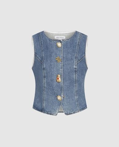  URBAN REVIVO - Áo sát nách nữ denim phối nút 