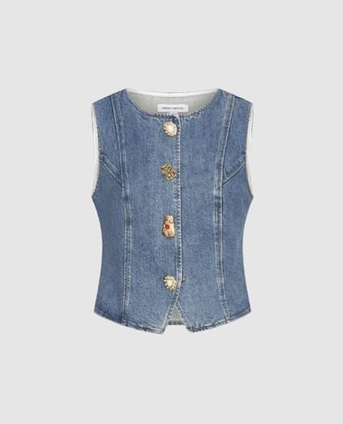  URBAN REVIVO - Áo sát nách nữ denim phối nút 