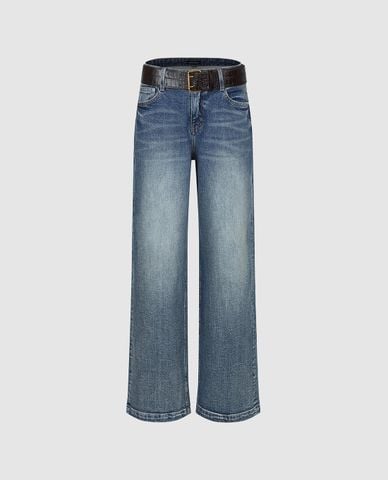  URBAN REVIVO - Quần jeans nữ ống rộng kèm thắt lưng 