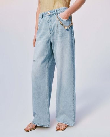  URBAN REVIVO - Quần jeans nữ ống rộng phối dây charm 