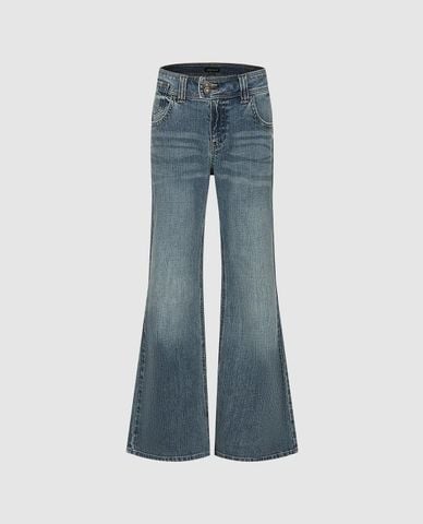  URBAN REVIVO - Quần jeans nữ ống loe wash bạc 