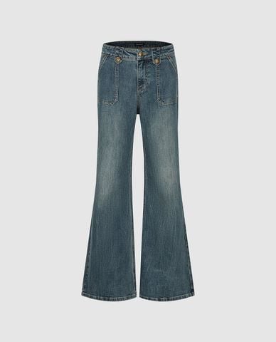  URBAN REVIVO - Quần jeans nữ ống loe wash bạc 