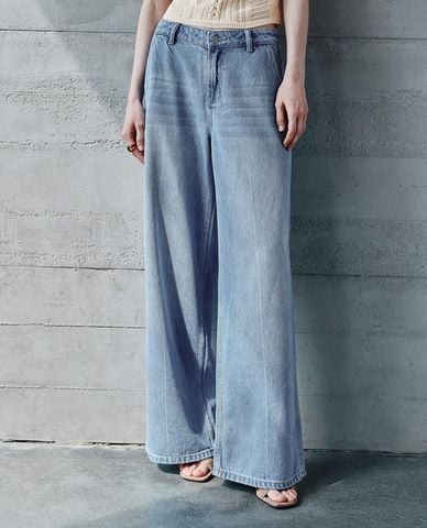  URBAN REVIVO - Quần jeans nữ ống rộng wash bạc 