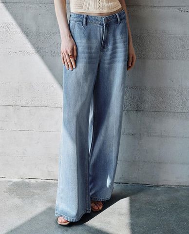  URBAN REVIVO - Quần jeans nữ ống rộng wash bạc 