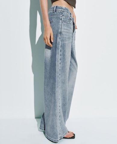  URBAN REVIVO - Quần jeans nữ ống rộng wash bạc 