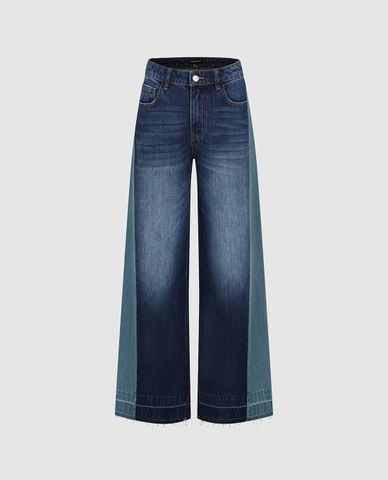  URBAN REVIVO - Quần jeans nữ ống rộng phối màu wash bạc 