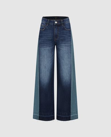  URBAN REVIVO - Quần jeans nữ ống rộng phối màu wash bạc 