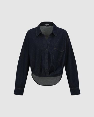  URBAN REVIVO - Áo sơ mi denim nữ cổ bẻ tay dài 
